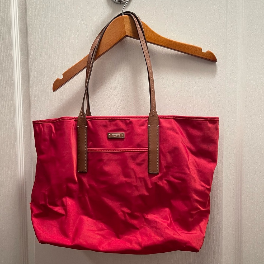 Tumi Red Tote with Tan Straps
